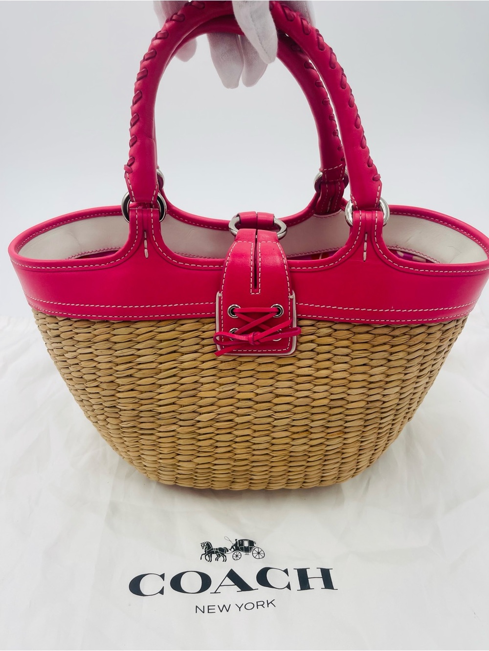COACH 6271 Pink Trim Wicker Tote Bag - Picture 7 of 9
